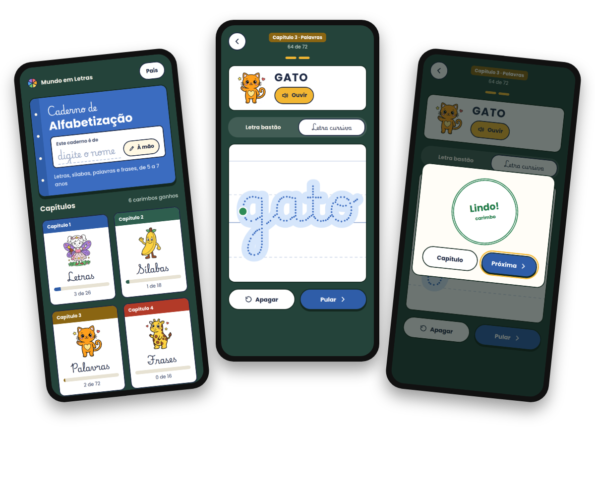 Três telas do app Mundo em Letras com traçado de letras e montagem de palavras