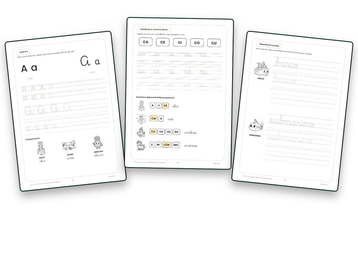 Páginas do Caderno de Alfabetização com letras em pontilhado para cobrir