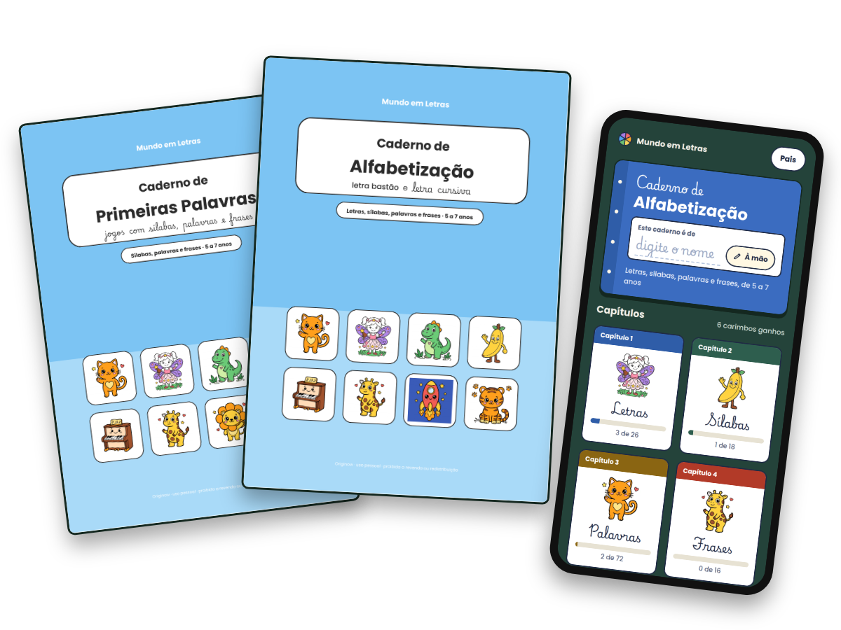 Os dois cadernos impressos e o celular com o app Mundo em Letras